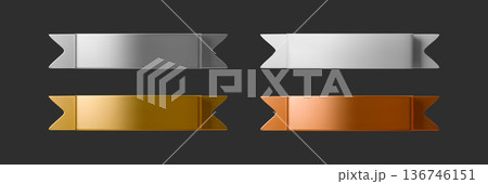 3D silver and gold ribbon collection with realistic tape elements, perfect for badges, bookmarks, seals, and promotional stickers on isolated backgrounds. 136746151
