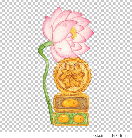 A composition of a lotus flower and moonflowers. Hand-drawn watercolor illustration, cartoon. Design for posters, stickers, and prints. Mid-Autumn Festival, China, traditions 136746152