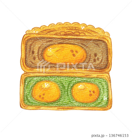 A composition of two mooncake halves. Chinese Mid-Autumn Festival. Hand-drawn watercolor illustration, cartoon. Design for posters, stickers, and prints. Baking, food, treats A composition of two mooncake halves. Chinese Mid-Autumn Festival. Hand-drawn watercolor illustration, cartoon. Design for posters, stickers, and prints. Baking, food, treats 136746153