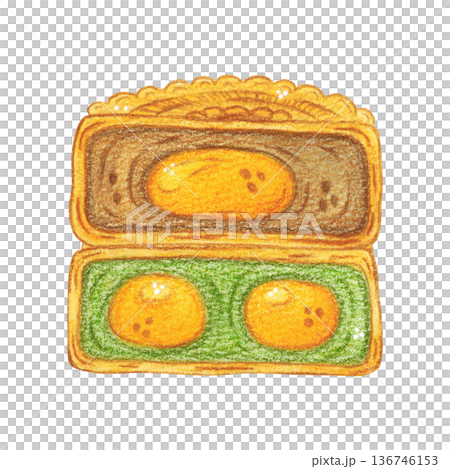 A composition of two mooncake halves. Chinese Mid-Autumn Festival. Hand-drawn watercolor illustration, cartoon. Design for posters, stickers, and prints. Baking, food, treats 136746153