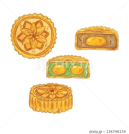 Mooncake set. Chinese Mid-Autumn Festival. Hand-drawn watercolor illustration, cartoon. Design for poster, stickers, print. Baking, food, treat 136746154