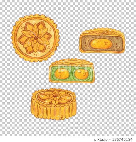 Mooncake set. Chinese Mid-Autumn Festival. Hand-drawn watercolor illustration, cartoon. Design for poster, stickers, print. Baking, food, treat Mooncake set. Chinese Mid-Autumn Festival. Hand-drawn watercolor illustration, cartoon. Design for poster, stickers, print. Baking, food, treat 136746154