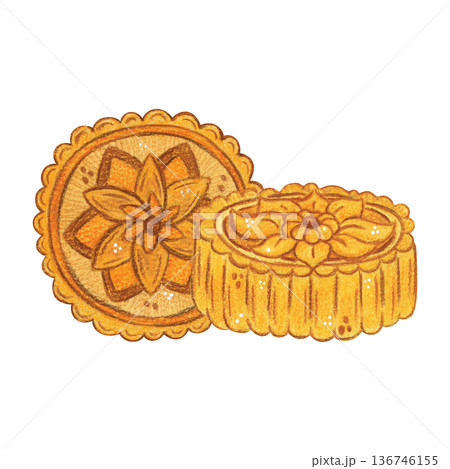 A composition of two mooncakes. Chinese Mid-Autumn Festival. Hand-drawn watercolor illustration, cartoon. Design for posters, stickers, and prints. Baking, food, treat A composition of two mooncakes. Chinese Mid-Autumn Festival. Hand-drawn watercolor illustration, cartoon. Design for posters, stickers, and prints. Baking, food, treat 136746155
