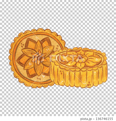 A composition of two mooncakes. Chinese Mid-Autumn Festival. Hand-drawn watercolor illustration, cartoon. Design for posters, stickers, and prints. Baking, food, treat A composition of two mooncakes. Chinese Mid-Autumn Festival. Hand-drawn watercolor illustration, cartoon. Design for posters, stickers, and prints. Baking, food, treat 136746155
