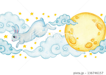Seamless pattern with a moon rabbit, moon, clouds, and stars. Chinese Mid-Autumn Festival. Hand-drawn watercolor illustration, cartoon. Suitable for posters, stickers, and prints. Legend, fairy tale 136746157