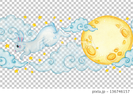 Seamless pattern with a moon rabbit, moon, clouds, and stars. Chinese Mid-Autumn Festival. Hand-drawn watercolor illustration, cartoon. Suitable for posters, stickers, and prints. Legend, fairy tale 136746157