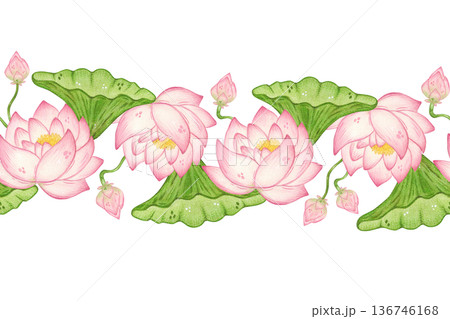 Seamless border of lotus flowers and leaves. Hand-drawn watercolor illustration, cartoon. Design for posters, stickers, and prints. Nature, plant, Chinese, Indian, yoga, legend 136746168
