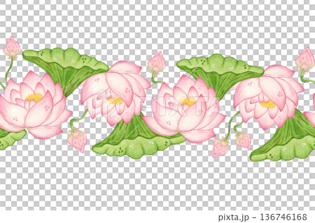 Seamless border of lotus flowers and leaves. Hand-drawn watercolor illustration, cartoon. Design for posters, stickers, and prints. Nature, plant, Chinese, Indian, yoga, legend 136746168