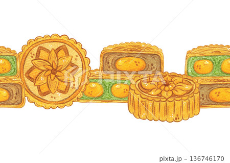 Seamless mooncake border. Chinese Mid-Autumn Festival. Hand-drawn watercolor illustration, cartoon. Design for posters, stickers, and prints. Baking, food, and treats 136746170
