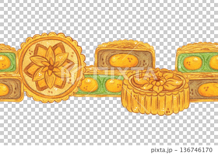 Seamless mooncake border. Chinese Mid-Autumn Festival. Hand-drawn watercolor illustration, cartoon. Design for posters, stickers, and prints. Baking, food, and treats 136746170