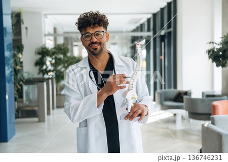 Model of human spine in hand. Doctor is indoors in the modern building Model of human spine in hand. Doctor is indoors in the modern building 136746231