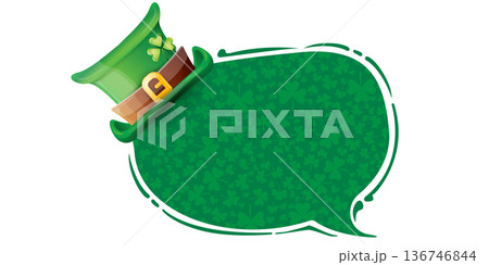 St. Patrick s Day green speech bubble with leprechaun hat and shamrock pattern, Irish holiday frame isolated on white background. Festive Irish background with copy space for holiday greetings St. Patrick s Day green speech bubble with leprechaun hat and shamrock pattern, Irish holiday frame isolated on white background. Festive Irish background with copy space for holiday greetings 136746844