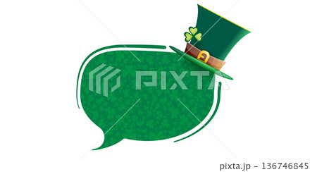 St. Patrick s Day green speech bubble with leprechaun hat and shamrock pattern, Irish holiday frame isolated on white background. Festive Irish background with copy space for holiday greetings St. Patrick s Day green speech bubble with leprechaun hat and shamrock pattern, Irish holiday frame isolated on white background. Festive Irish background with copy space for holiday greetings 136746845