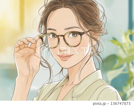 べっ甲メガネをかけた大人女性の水彩風ポートレートイラスト 136747873