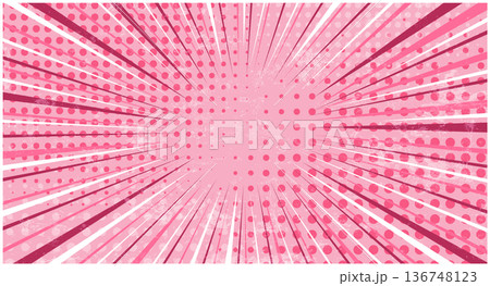 Abstract textured coral pink striped retro comic background with halftone corners and grunge overlay. Cartoon backdrop with stripes and half tone pattern for comics book, advertising design, poster 136748123