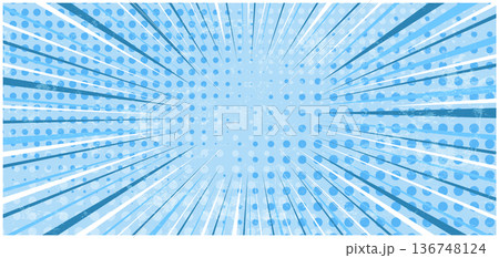 Abstract grunge blue striped retro comic background with halftone corners and textured overlay. Cartoon backdrop with stripes and half tone pattern for comics book, advertising design, poster 136748124