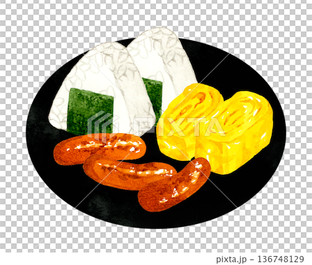 おにぎり・卵焼き・ウインナーのセット　手描き水彩イラスト素材 136748129