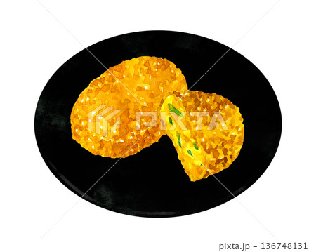 お皿に盛り付けたかぼちゃコロッケ　料理・食べ物の手描き水彩イラスト素材 136748131