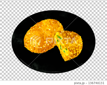 お皿に盛り付けたかぼちゃコロッケ　料理・食べ物の手描き水彩イラスト素材 136748131