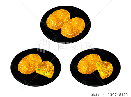 お皿に盛り付けたかぼちゃコロッケのセット 料理・食べ物の手描き水彩イラスト素材 お皿に盛り付けたかぼちゃコロッケのセット 料理・食べ物の手描き水彩イラスト素材 136748133