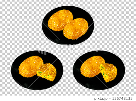 一盤南瓜丸子。手繪水彩食物插畫。 136748133