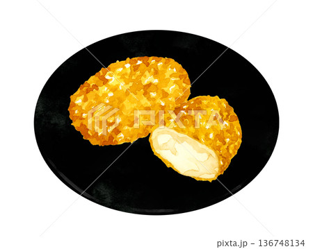 お皿に盛り付けたかにクリームコロッケ　料理・食べ物の手描き水彩イラスト素材 136748134