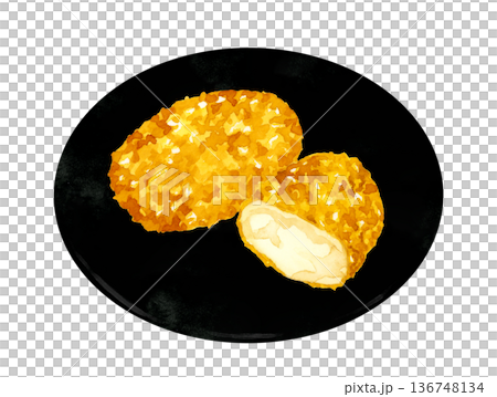 お皿に盛り付けたかにクリームコロッケ　料理・食べ物の手描き水彩イラスト素材 136748134