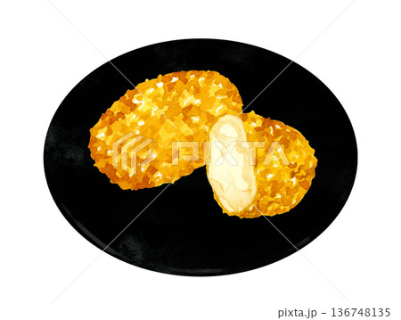 お皿に盛り付けたかにクリームコロッケ　料理・食べ物の手描き水彩イラスト素材 136748135