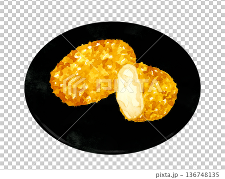 お皿に盛り付けたかにクリームコロッケ　料理・食べ物の手描き水彩イラスト素材 136748135