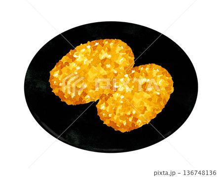 お皿に盛り付けたかにクリームコロッケ　料理・食べ物の手描き水彩イラスト素材 136748136