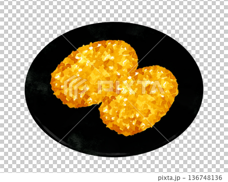 蟹肉奶油炸丸子盛於盤中。手繪水彩食物插畫。 136748136