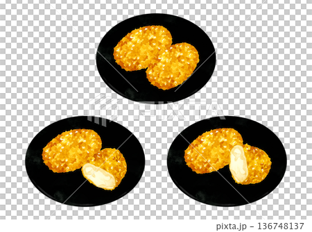 一盤蟹肉奶油炸丸子。手繪水彩插畫，描繪了美食和食物。 136748137