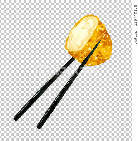 Crab cream croquette held with chopsticks - Hand-drawn watercolor illustration of food 136748138