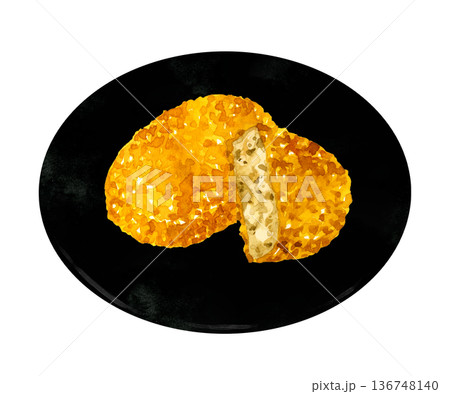 お皿に盛り付けたコロッケ 料理・食べ物の手描き水彩イラスト素材 お皿に盛り付けたコロッケ 料理・食べ物の手描き水彩イラスト素材 136748140