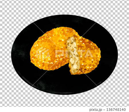 盛放在盤子裡的炸丸子。手繪水彩食物插畫。 136748140