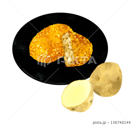 コロッケとじゃがいものセット　料理・食べ物の手描き水彩イラスト素材 136748144
