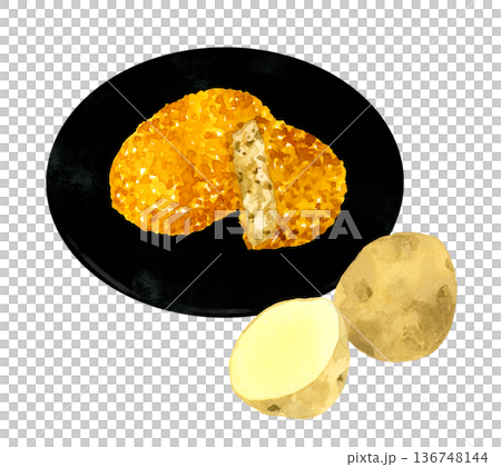 炸丸子和馬鈴薯套裝 - 手繪水彩食物插圖 136748144