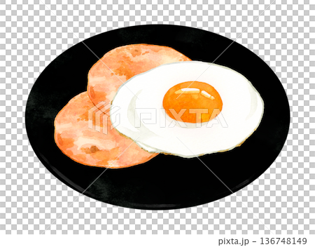 火腿和雞蛋（煎蛋）盛在盤子裡。手繪水彩畫，描繪蛋料理。 136748149