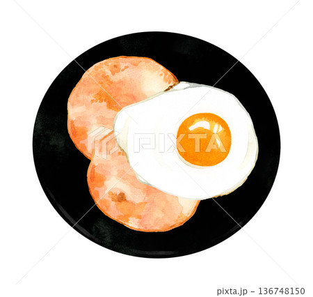 お皿に盛り付けたハムエッグ(目玉焼き) 卵料理の手描き水彩イラスト素材 お皿に盛り付けたハムエッグ(目玉焼き) 卵料理の手描き水彩イラスト素材 136748150
