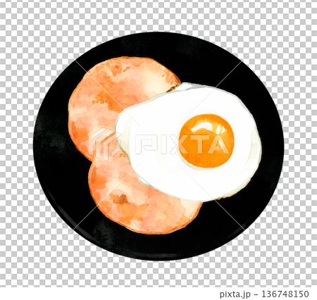 火腿和雞蛋（煎蛋）盛在盤子裡。手繪水彩畫，描繪蛋料理。 136748150