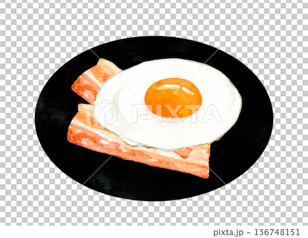 盤子裡盛著培根和雞蛋（煎蛋）。手繪水彩畫，描繪蛋料理。 136748151