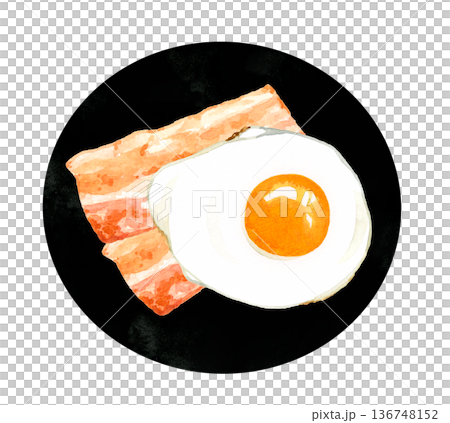 盤子裡盛著培根和雞蛋(煎蛋)。手繪水彩畫,描繪蛋料理。 盤子裡盛著培根和雞蛋(煎蛋)。手繪水彩畫,描繪蛋料理。 136748152