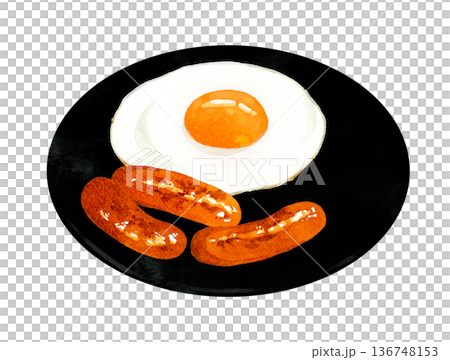 盤子裡盛著煎蛋和香腸。手繪水彩插圖，描繪了各種雞蛋料理。 136748153