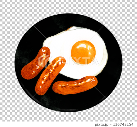 盤子裡盛著煎蛋和香腸。手繪水彩插圖，描繪了各種雞蛋料理。 136748154