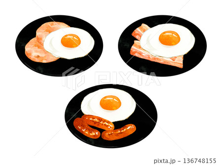 お皿に盛り付けた目玉焼きのセット　卵料理の手描き水彩イラスト素材 136748155