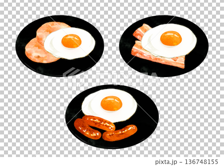 盤子裡盛著幾顆煎蛋。手繪水彩插畫，描繪了各種雞蛋料理。 136748155