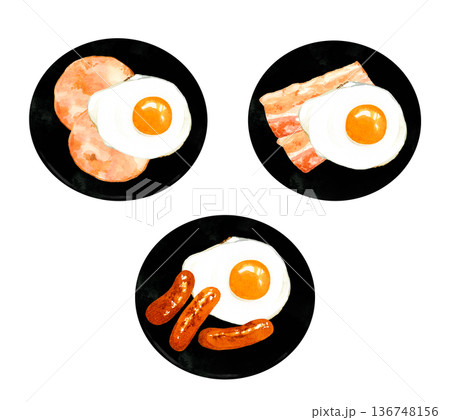お皿に盛り付けた目玉焼きのセット　卵料理の手描き水彩イラスト素材 136748156