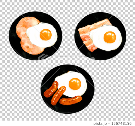 盤子裡盛著幾顆煎蛋。手繪水彩插畫，描繪了各種雞蛋料理。 136748156