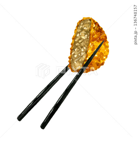 お箸で持ったメンチカツ　料理・食べ物の手描き水彩イラスト素材 136748157