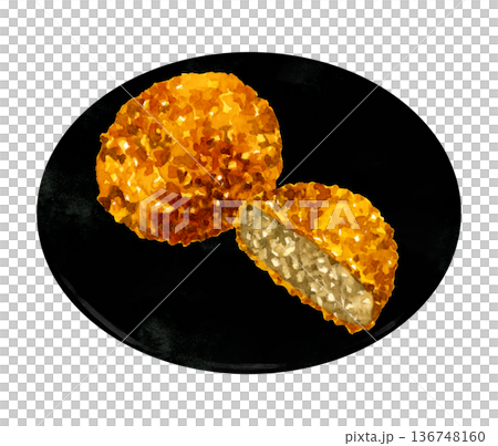 盤子裡盛著一塊肉末餅。手繪水彩食物插畫。 136748160